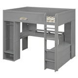 Full Size Wood Loft Bed Frame with L-Shaped Desk, Drawers, Wardrobe, LED Light Strip & USB Ports for Kids/Teens/Adults