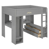 Full Size Wood Loft Bed Frame with L-Shaped Desk, Drawers, Wardrobe, LED Light Strip & USB Ports for Kids/Teens/Adults