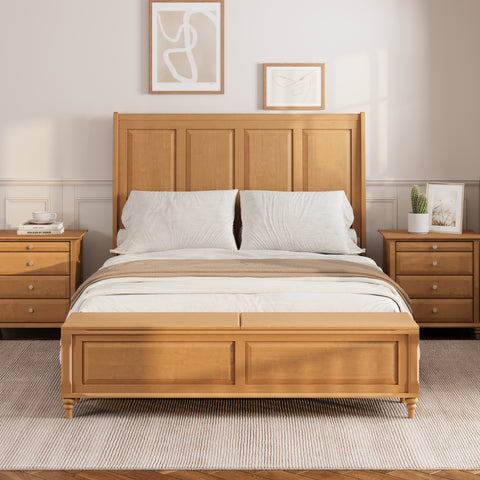 Queen Sleigh Bed Frame with Tall Headboard & Storage Bench, Rubberwood Platform Bed with 64" Footboard Storage Chest
