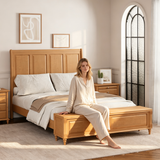 Queen Sleigh Bed Frame with Tall Headboard & Storage Bench, Rubberwood Platform Bed with 64" Footboard Storage Chest