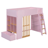 Twin Loft Bed Frame with Storage Shelves & Under-Bed Drawer, Wooden High Sleeper Bed with Ladder & Guardrails