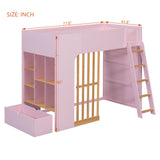 Twin Loft Bed Frame with Storage Shelves & Under-Bed Drawer, Wooden High Sleeper Bed with Ladder & Guardrails