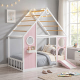 Twin House Bed with Slide & Ball Light Strip, Wooden Playhouse Platform Bed Frame with Color Block Front Panel for Kids