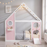Twin House Bed with Slide & Ball Light Strip, Wooden Playhouse Platform Bed Frame with Color Block Front Panel for Kids