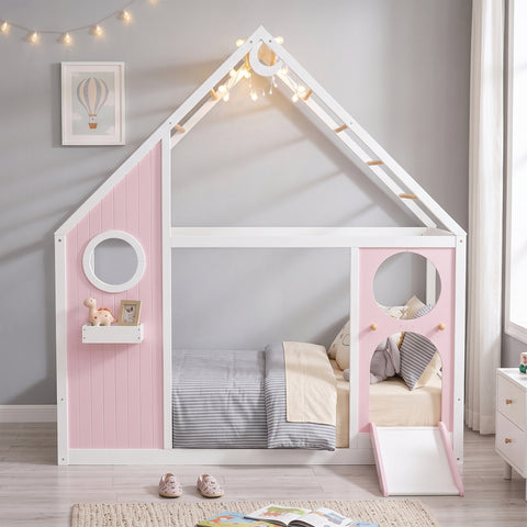 Twin House Bed with Slide & Ball Light Strip, Wooden Playhouse Platform Bed Frame with Color Block Front Panel for Kids