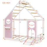 Twin House Bed with Slide & Ball Light Strip, Wooden Playhouse Platform Bed Frame with Color Block Front Panel for Kids