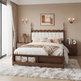 King Wood Platform Bed Mid-Century Modren Spindle Bed Frame with Scalloped Tufted Upholstered Headboard