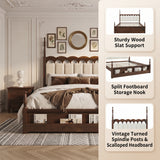 King Wood Platform Bed Mid-Century Modren Spindle Bed Frame with Scalloped Tufted Upholstered Headboard