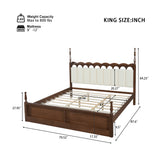 King Wood Platform Bed Mid-Century Modren Spindle Bed Frame with Scalloped Tufted Upholstered Headboard