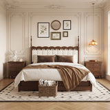 King Wood Platform Bed Mid-Century Modren Spindle Bed Frame with Scalloped Tufted Upholstered Headboard