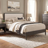 King Mid-Century Modern Platform Bed Frame with Boucle Upholstered Headboard, Solid Wood Bed Frame with Tapered Legs
