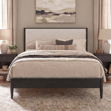 King Mid-Century Modern Platform Bed Frame with Boucle Upholstered Headboard, Solid Wood Bed Frame with Tapered Legs