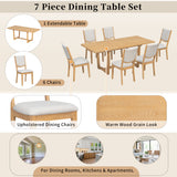 7-Piece Expandable Dining Table Set for 6, Large Family Kitchen Table with 6 Upholstered Dining Chairs, Natural
