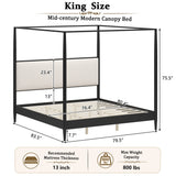 King Mid-Century Modern Canopy Bed Frame with Boucle Upholstered Headboard, Solid Wood 4-Poster Platform Bed
