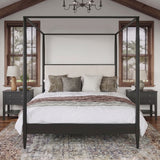 King Mid-Century Modern Canopy Bed Frame with Boucle Upholstered Headboard, Solid Wood 4-Poster Platform Bed