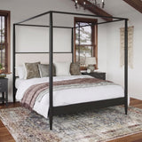 King Mid-Century Modern Canopy Bed Frame with Boucle Upholstered Headboard, Solid Wood 4-Poster Platform Bed