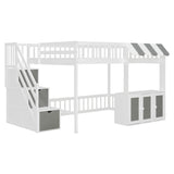 Full Loft Bed with Storage Stairs, LED Light & Under Bed Cabinets, Cute Playhouse Bed for Kids&Teens/Girls&Boys, White+Gray