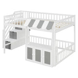 Full Loft Bed with Storage Stairs, LED Light & Under Bed Cabinets, Cute Playhouse Bed for Kids&Teens/Girls&Boys, White+Gray