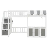 Full Loft Bed with Storage Stairs, LED Light & Under Bed Cabinets, Cute Playhouse Bed for Kids&Teens/Girls&Boys, White+Gray