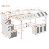 Full Loft Bed with Storage Stairs, LED Light & Under Bed Cabinets, Cute Playhouse Bed for Kids&Teens/Girls&Boys, White+Gray