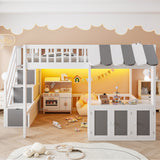 Full Loft Bed with Storage Stairs, LED Light & Under Bed Cabinets, Cute Playhouse Bed for Kids&Teens/Girls&Boys, White+Gray