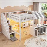 Full Loft Bed with Storage Stairs, LED Light & Under Bed Cabinets, Cute Playhouse Bed for Kids&Teens/Girls&Boys, White+Gray