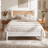 Queen Platform Bed Frame with Rattan Headboard, Boho Coastal Bed Frame, White