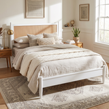 Queen Platform Bed Frame with Rattan Headboard, Boho Coastal Bed Frame, White