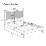 Queen Platform Bed Frame with Rattan Headboard, Boho Coastal Bed Frame, White