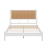 Queen Platform Bed Frame with Rattan Headboard, Boho Coastal Bed Frame, White
