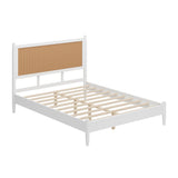 Queen Platform Bed Frame with Rattan Headboard, Boho Coastal Bed Frame, White