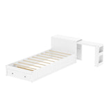 Twin Storage Platform Bed Frame with Desk, Drawer, Side Shelves & Wide Headboard, Multifunctional Bed Frame for Teen&Kids, White