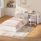 Twin Storage Platform Bed Frame with Desk, Drawer, Side Shelves & Wide Headboard, Multifunctional Bed Frame for Teen&Kids, White