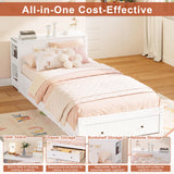 Twin Storage Platform Bed Frame with Desk, Drawer, Side Shelves & Wide Headboard, Multifunctional Bed Frame for Teen&Kids, White