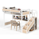 Queen Metal Loft Bed with Desk, Power Outlet, LED Light, Storage Stairs, Wardrobe & Pegboard, White