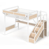 Queen Metal Loft Bed with Desk, Power Outlet, LED Light, Storage Stairs, Wardrobe & Pegboard, White