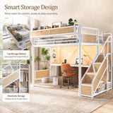 Queen Metal Loft Bed with Desk, Power Outlet, LED Light, Storage Stairs, Wardrobe & Pegboard, White
