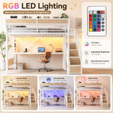 Queen Metal Loft Bed with Desk, Power Outlet, LED Light, Storage Stairs, Wardrobe & Pegboard, White