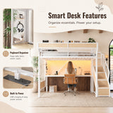 Queen Metal Loft Bed with Desk, Power Outlet, LED Light, Storage Stairs, Wardrobe & Pegboard, White