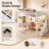 Queen Metal Loft Bed with Desk, Power Outlet, LED Light, Storage Stairs, Wardrobe & Pegboard, White