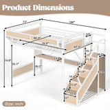 Queen Metal Loft Bed with Desk, Power Outlet, LED Light, Storage Stairs, Wardrobe & Pegboard, White