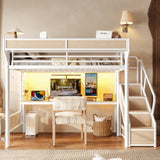 Queen Metal Loft Bed with Desk, Power Outlet, LED Light, Storage Stairs, Wardrobe & Pegboard, White