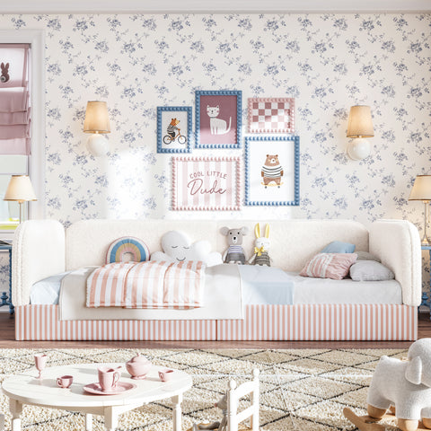 Twin Toddler Bed with Side Guardrails, Kid-Friendly Padded Montessori Floor Bed Platform Bed Frame for Boy&Girl, Low Profile, Beige