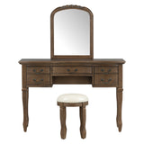 Vintage Makeup Vanity Set Dressing Table with Ergonomic Curved Frame,Stool,Pre-assembled Top,Mirror,5 Drawers, Antique Handles,Espresso
