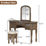 Vintage Makeup Vanity Set Dressing Table with Ergonomic Curved Frame,Stool,Pre-assembled Top,Mirror,5 Drawers, Antique Handles,Espresso
