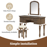 Vintage Makeup Vanity Set Dressing Table with Ergonomic Curved Frame,Stool,Pre-assembled Top,Mirror,5 Drawers, Antique Handles,Espresso