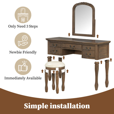 Vintage Makeup Vanity Set Dressing Table with Ergonomic Curved Frame,Stool,Pre-assembled Top,Mirror,5 Drawers, Antique Handles,Espresso