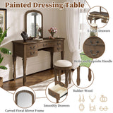 Vintage Makeup Vanity Set Dressing Table with Ergonomic Curved Frame,Stool,Pre-assembled Top,Mirror,5 Drawers, Antique Handles,Espresso