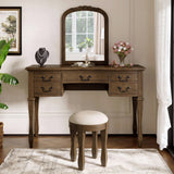 Vintage Makeup Vanity Set Dressing Table with Ergonomic Curved Frame,Stool,Pre-assembled Top,Mirror,5 Drawers, Antique Handles,Espresso