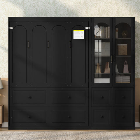 Queen Size Murphy Bed with Reversible Left-Right Side Cabinet & 4 Drawers, Space-Saving Wall Bed Folding Bed, Black